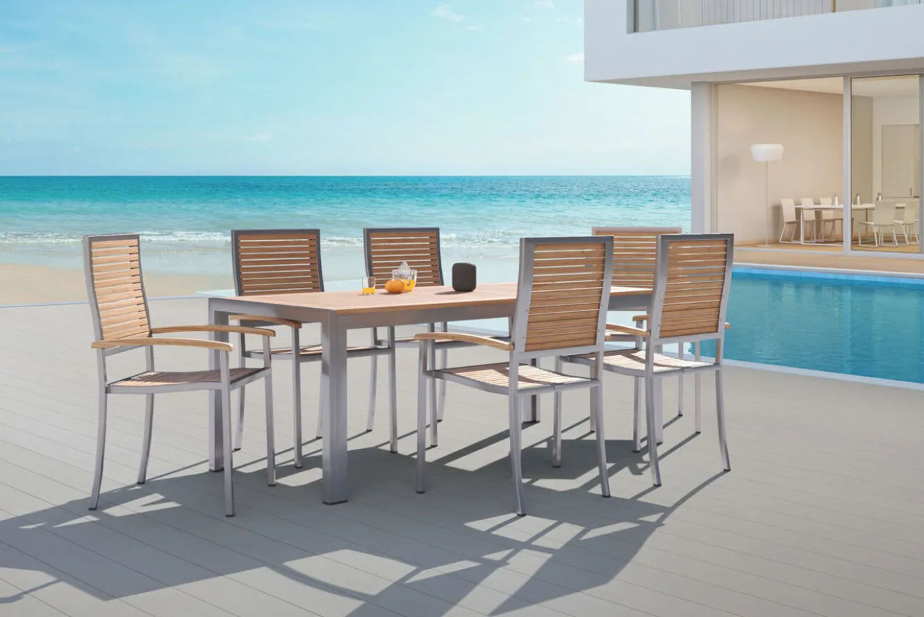 OUTFLEXX Garten-Essgruppe, natur, Edelstahl/Teak, Esstisch 200 x 90 cm, 6 Stapelstühle, FSC®-zertifiziertes Produkt