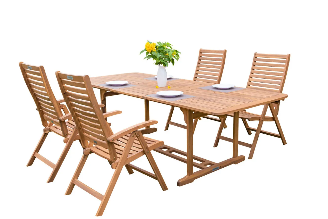 OUTFLEXX Garten-Essgruppe, natur, Akazie, Ausziehtisch 150/200 x 90 cm, 4 Klappstühle, klappbar, FSC®-zertifiziertes Produkt