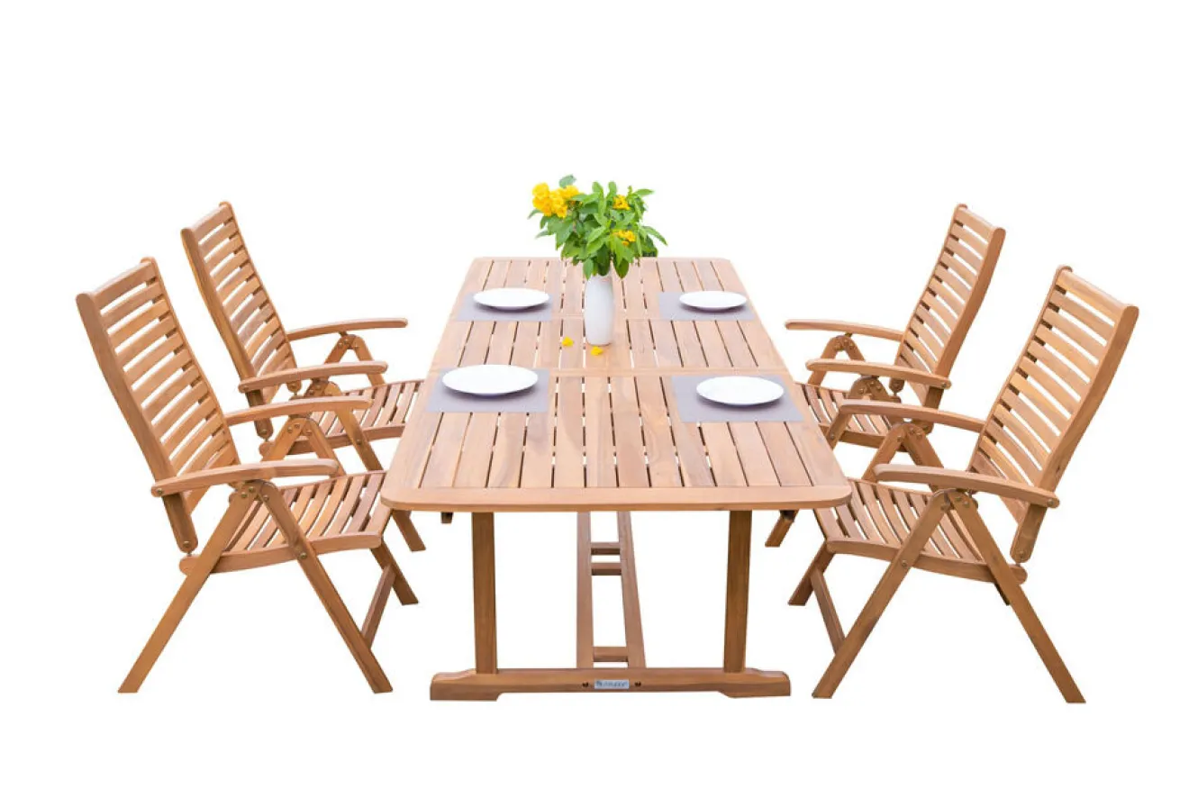 OUTFLEXX Garten-Essgruppe, natur, Akazie, Ausziehtisch 150/200 x 90 cm, 4 Klappstühle, klappbar, FSC®-zertifiziertes Produkt
