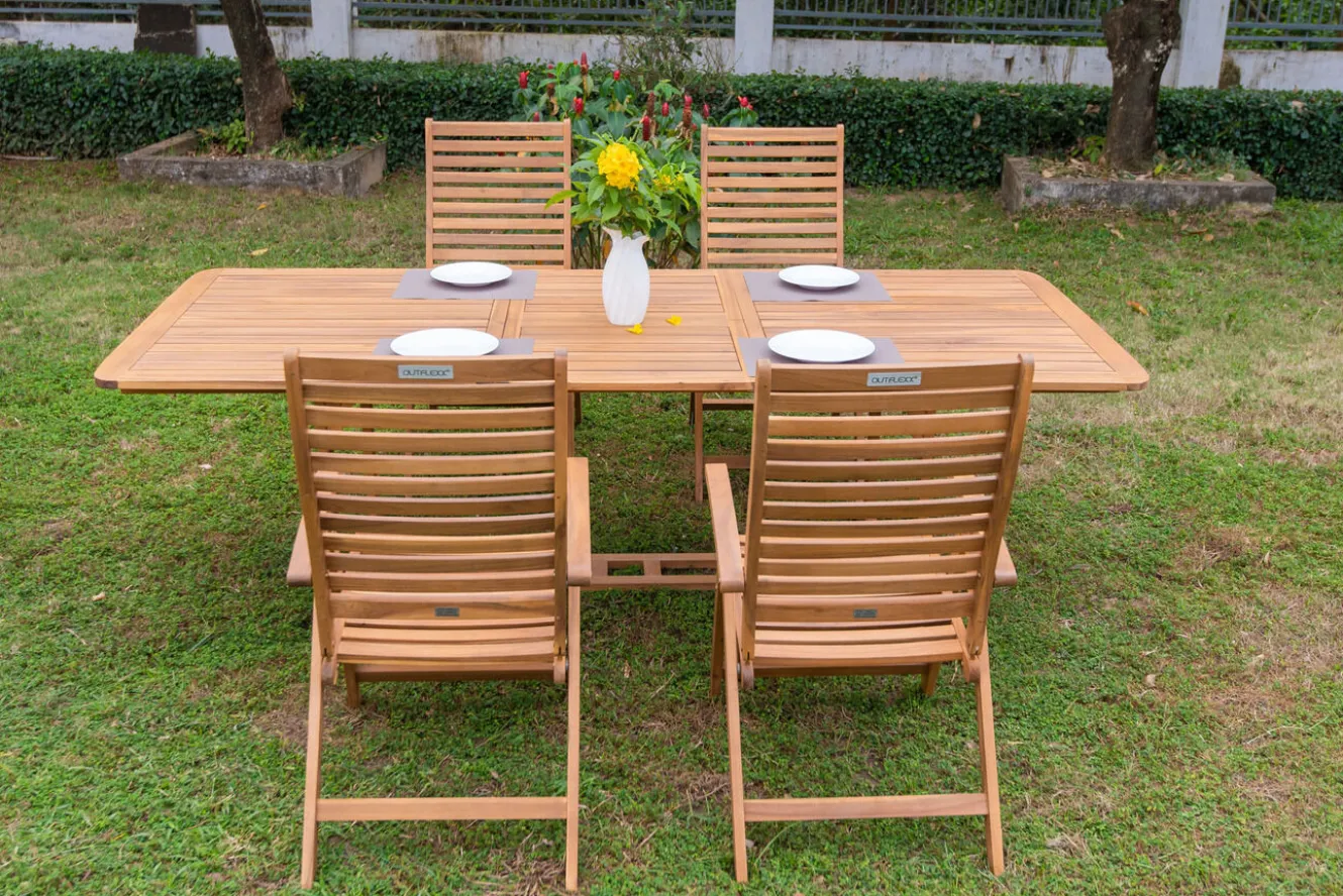 OUTFLEXX Garten-Essgruppe, natur, Akazie, Ausziehtisch 150/200 x 90 cm, 4 Klappstühle, klappbar, FSC®-zertifiziertes Produkt