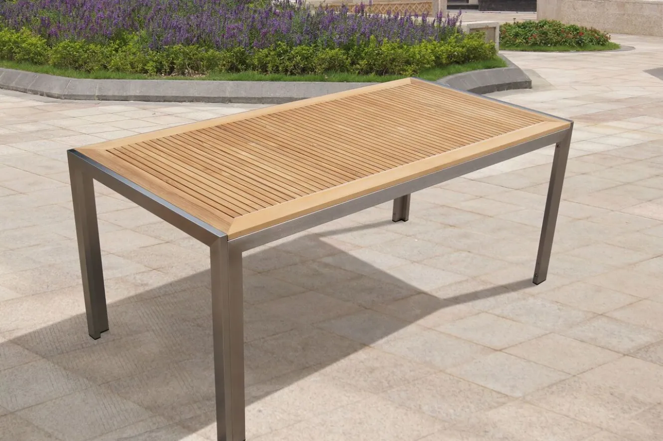 OUTFLEXX Garten-Essgruppe, natur, Edelstahl/Teak, Esstisch 180x90cm, 6 Hochlehner, FSC®-zertifiziertes Produkt