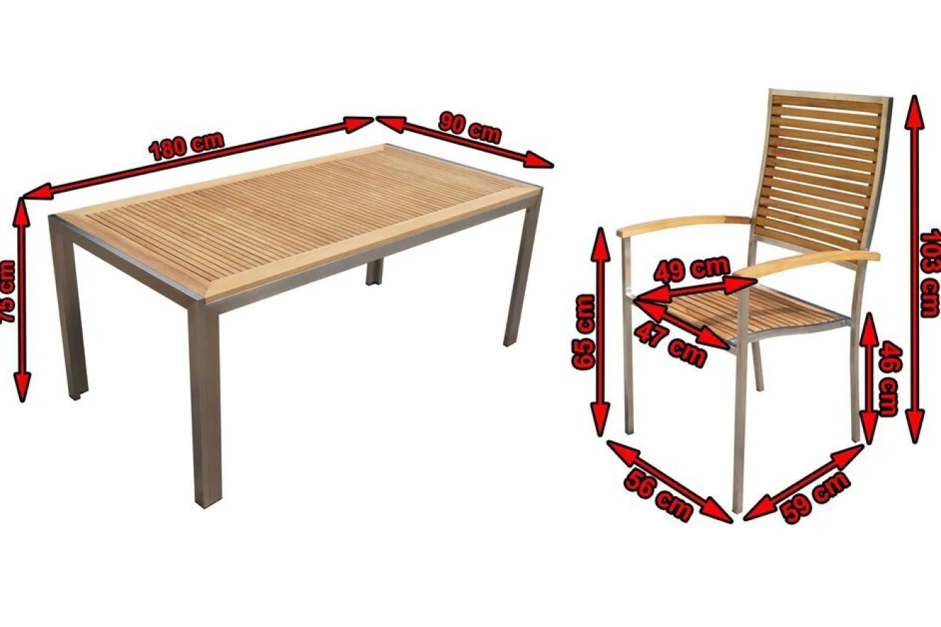 OUTFLEXX Garten-Essgruppe, natur, Edelstahl/Teak, Esstisch 180x90cm, 6 Hochlehner, FSC®-zertifiziertes Produkt