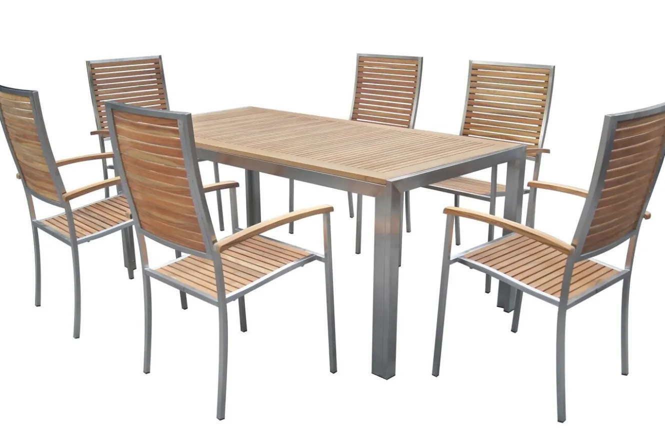 OUTFLEXX Garten-Essgruppe, natur, Edelstahl/Teak, Esstisch 180x90cm, 6 Hochlehner, FSC®-zertifiziertes Produkt