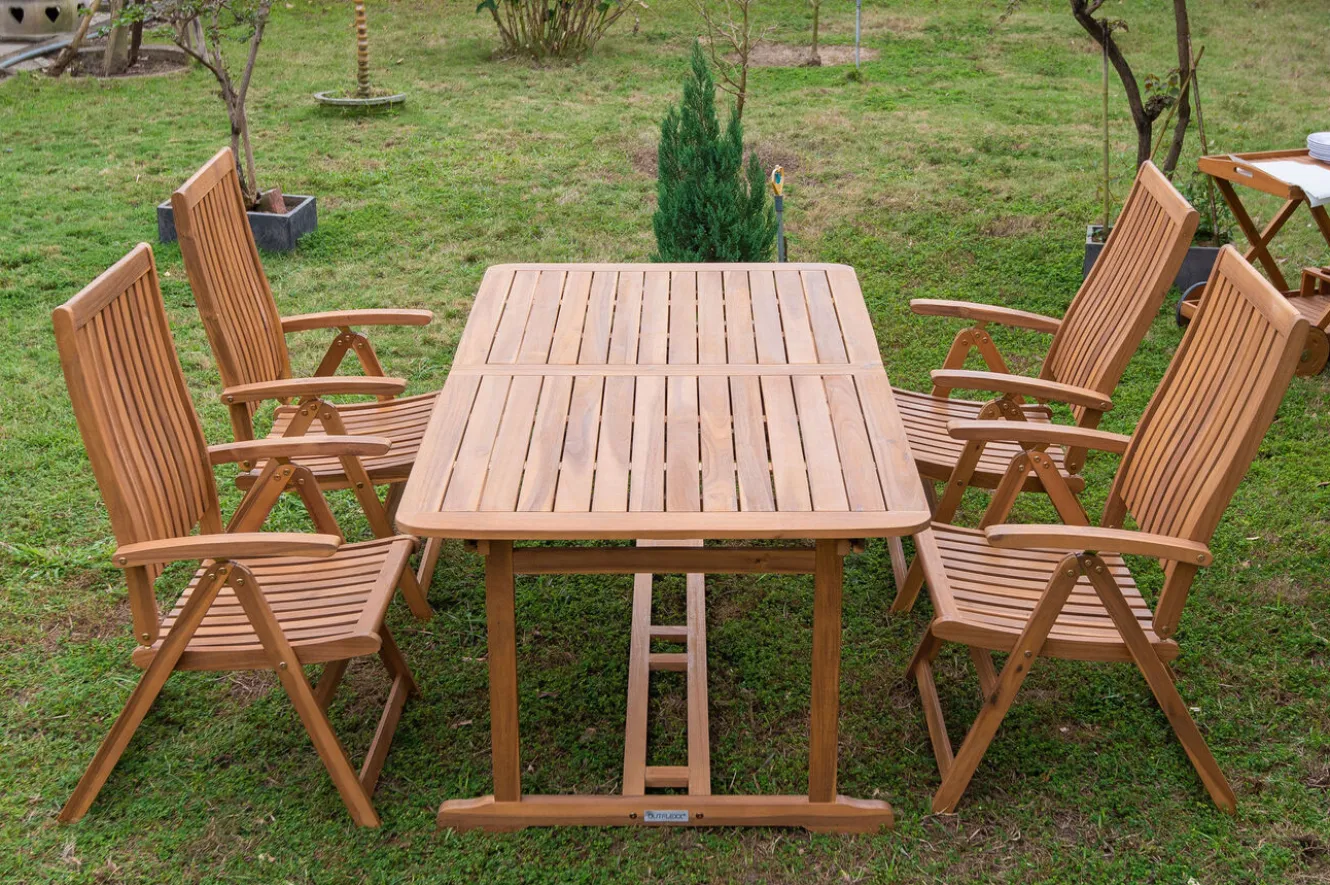 OUTFLEXX Garten-Essgruppe, natur, Akazie, Ausziehtisch 150/200 x 90 cm, 4 Klappstühle, FSC®-zertifiziertes Produkt