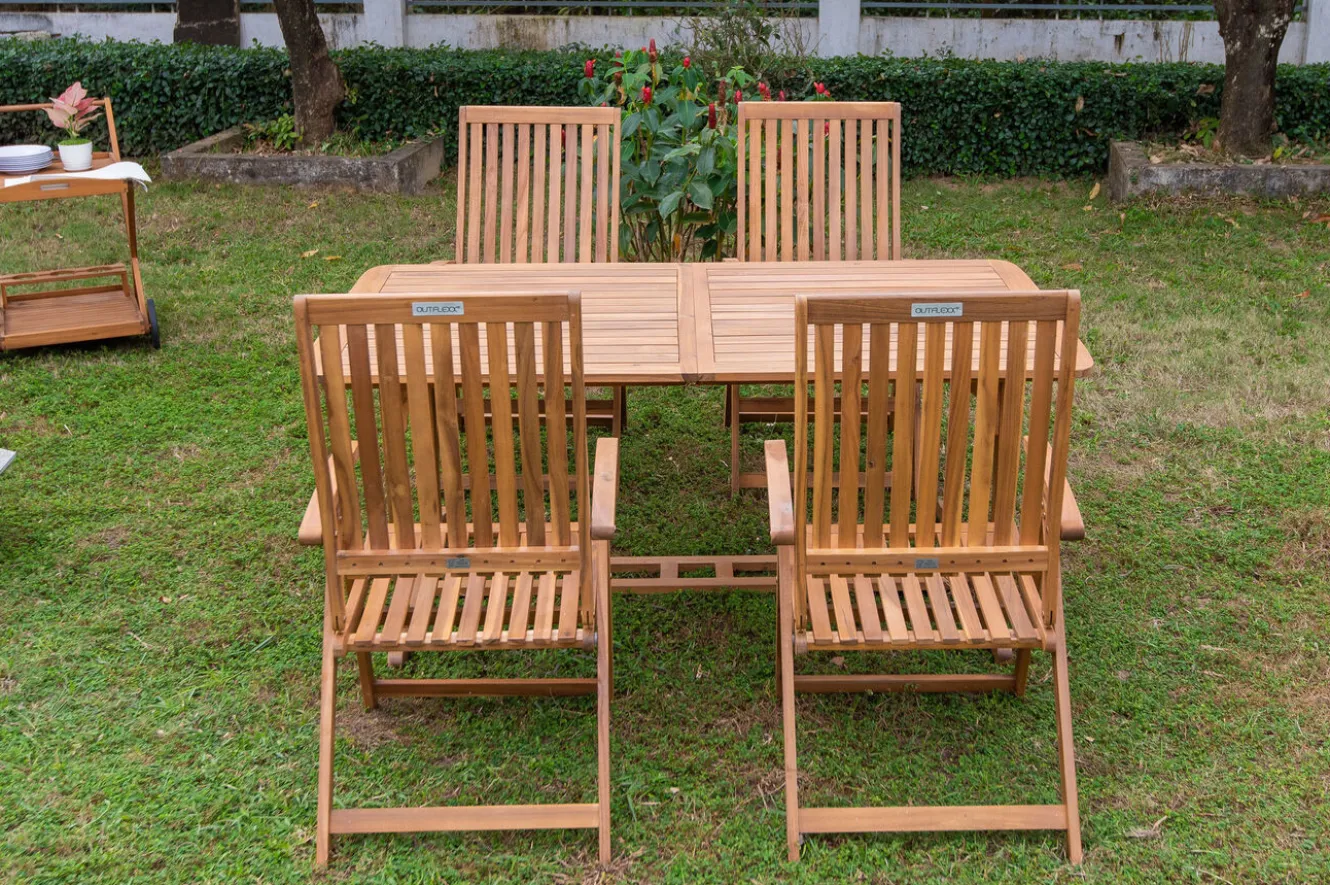 OUTFLEXX Garten-Essgruppe, natur, Akazie, Ausziehtisch 150/200 x 90 cm, 4 Klappstühle, FSC®-zertifiziertes Produkt