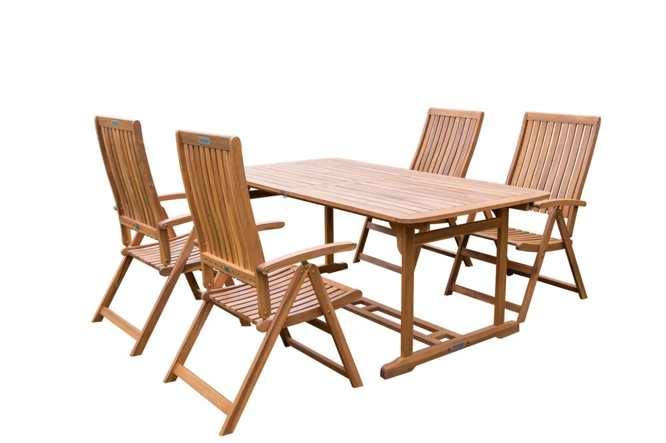 OUTFLEXX Garten-Essgruppe, natur, Akazie, Ausziehtisch 150/200 x 90 cm, 4 Klappstühle, FSC®-zertifiziertes Produkt