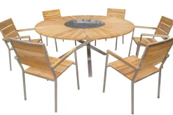 OUTFLEXX Garten-Essgruppe, natur, Edelstahl/Teak, Ø 170 cm, 6 Stapelsessel, inkl. drehbarer Granitplatte + Eiskühler, FSC®-zertifiziertes Produkt