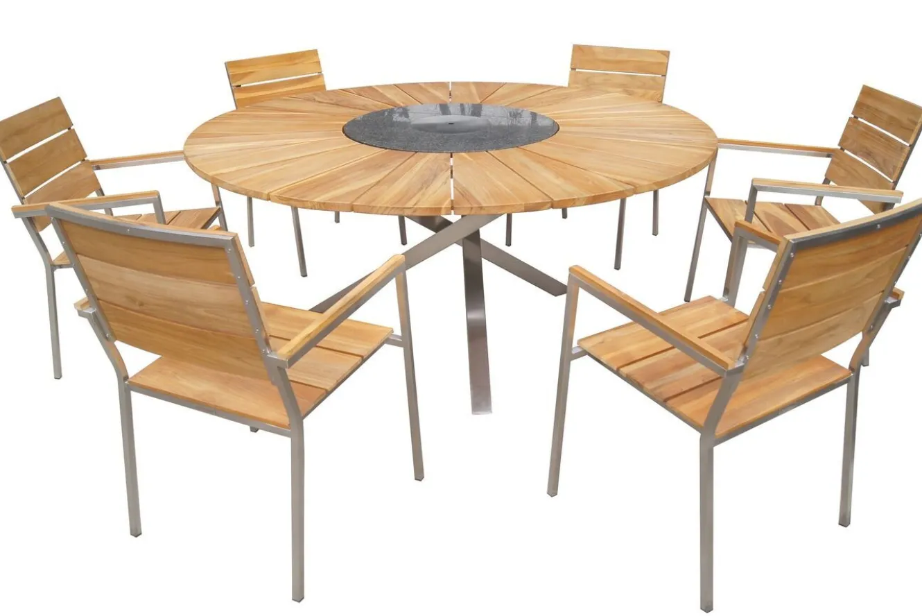 OUTFLEXX Garten-Essgruppe, natur, Edelstahl/Teak, Ø 170 cm, 6 Stapelsessel, inkl. drehbarer Granitplatte + Eiskühler, FSC®-zertifiziertes Produkt