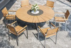 OUTFLEXX Garten-Essgruppe, natur, Edelstahl/Teak, Ø 170 cm, 6 Stapelsessel, inkl. drehbarer Granitplatte + Eiskühler, FSC®-zertifiziertes Produkt
