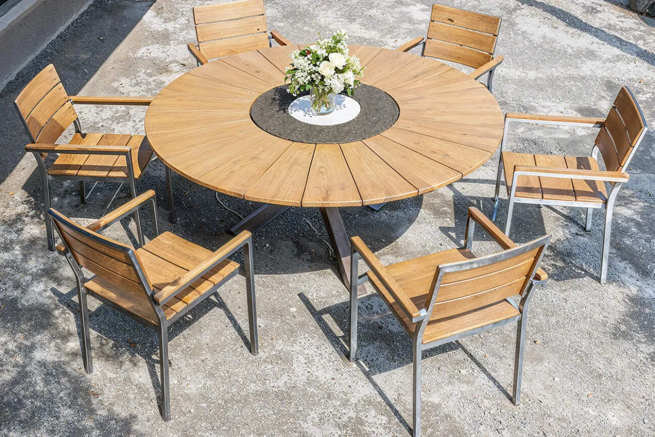 OUTFLEXX Garten-Essgruppe, natur, Edelstahl/Teak, Ø 170 cm, 6 Stapelsessel, inkl. drehbarer Granitplatte + Eiskühler, FSC®-zertifiziertes Produkt