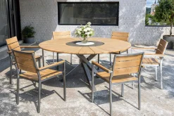 OUTFLEXX Garten-Essgruppe, natur, Edelstahl/Teak, Ø 170 cm, 6 Stapelsessel, inkl. drehbarer Granitplatte + Eiskühler, FSC®-zertifiziertes Produkt