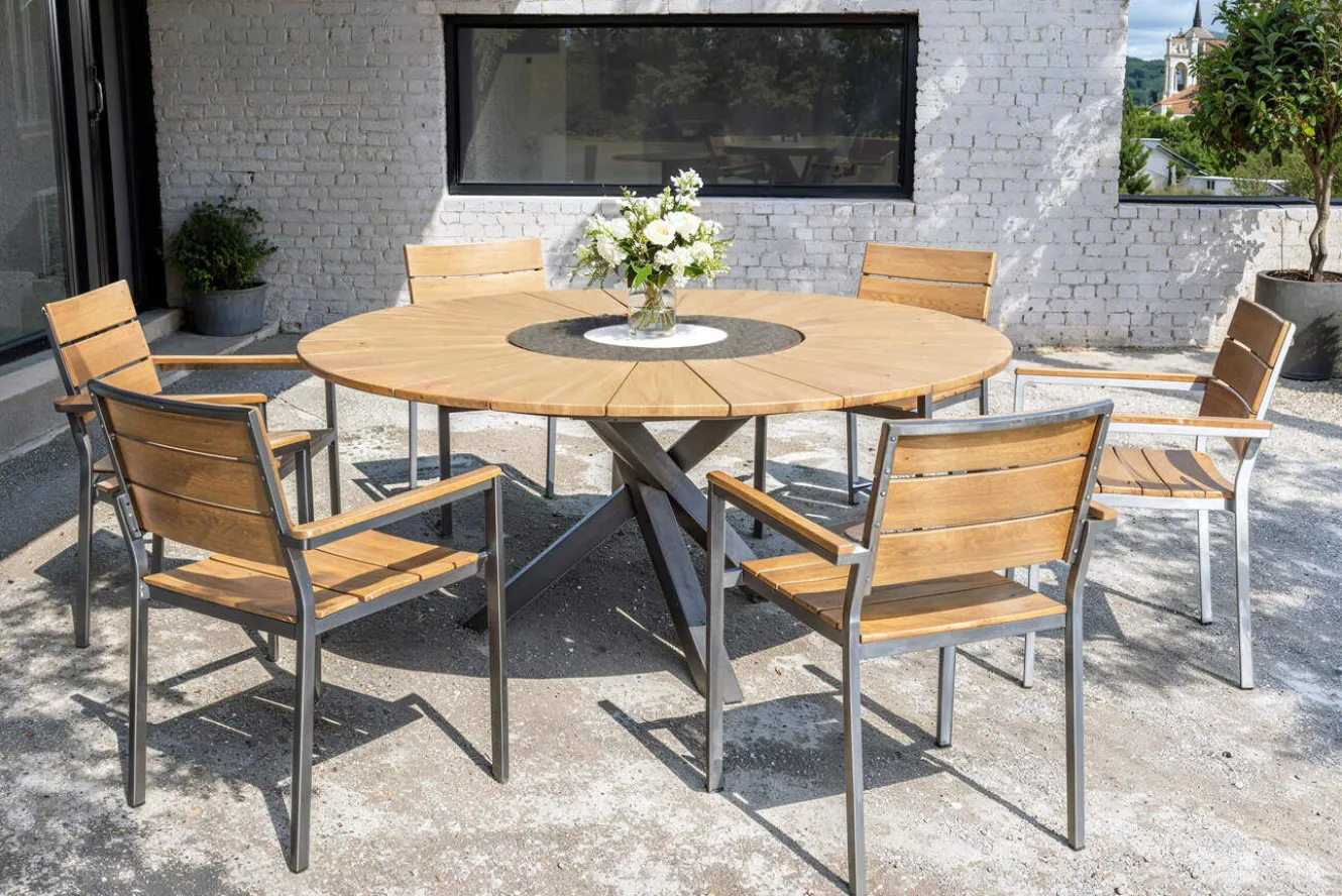 OUTFLEXX Garten-Essgruppe, natur, Edelstahl/Teak, Ø 170 cm, 6 Stapelsessel, inkl. drehbarer Granitplatte + Eiskühler, FSC®-zertifiziertes Produkt
