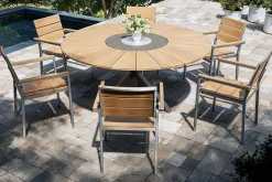 OUTFLEXX Garten-Essgruppe, natur, Edelstahl/Teak, Ø 170 cm, 6 Stapelsessel, inkl. drehbarer Granitplatte + Eiskühler, FSC®-zertifiziertes Produkt