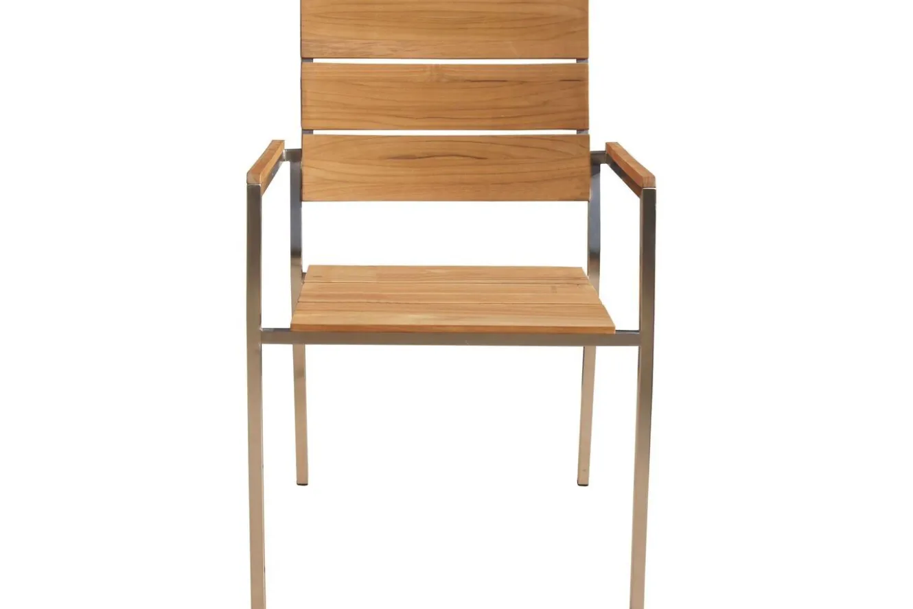 OUTFLEXX Garten-Essgruppe, natur, Edelstahl/Teak, Ø 170 cm, 6 Stapelsessel, inkl. drehbarer Granitplatte + Eiskühler, FSC®-zertifiziertes Produkt