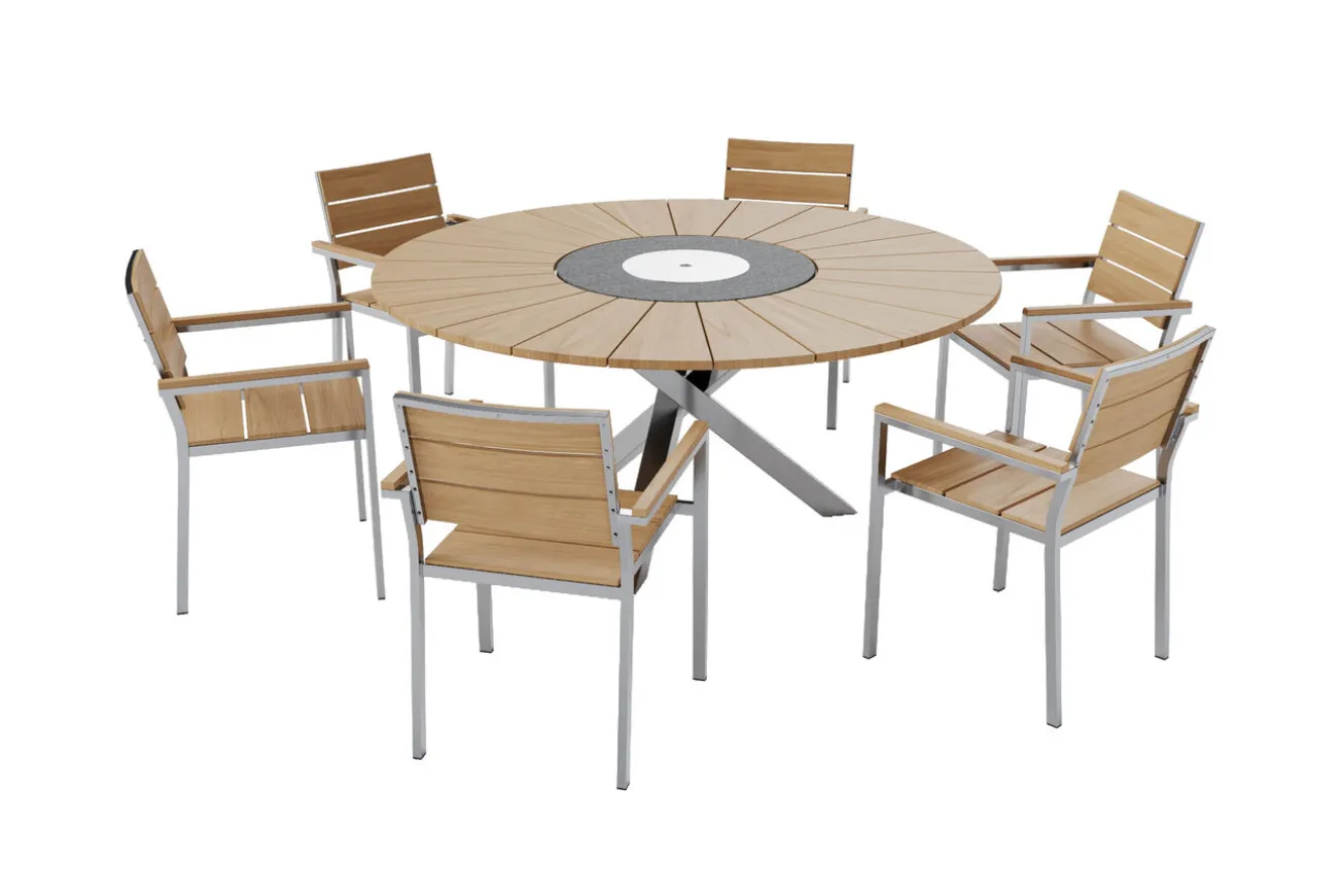 OUTFLEXX Garten-Essgruppe, natur, Edelstahl/Teak, Ø 170 cm, 6 Stapelsessel, inkl. drehbarer Granitplatte + Eiskühler, FSC®-zertifiziertes Produkt