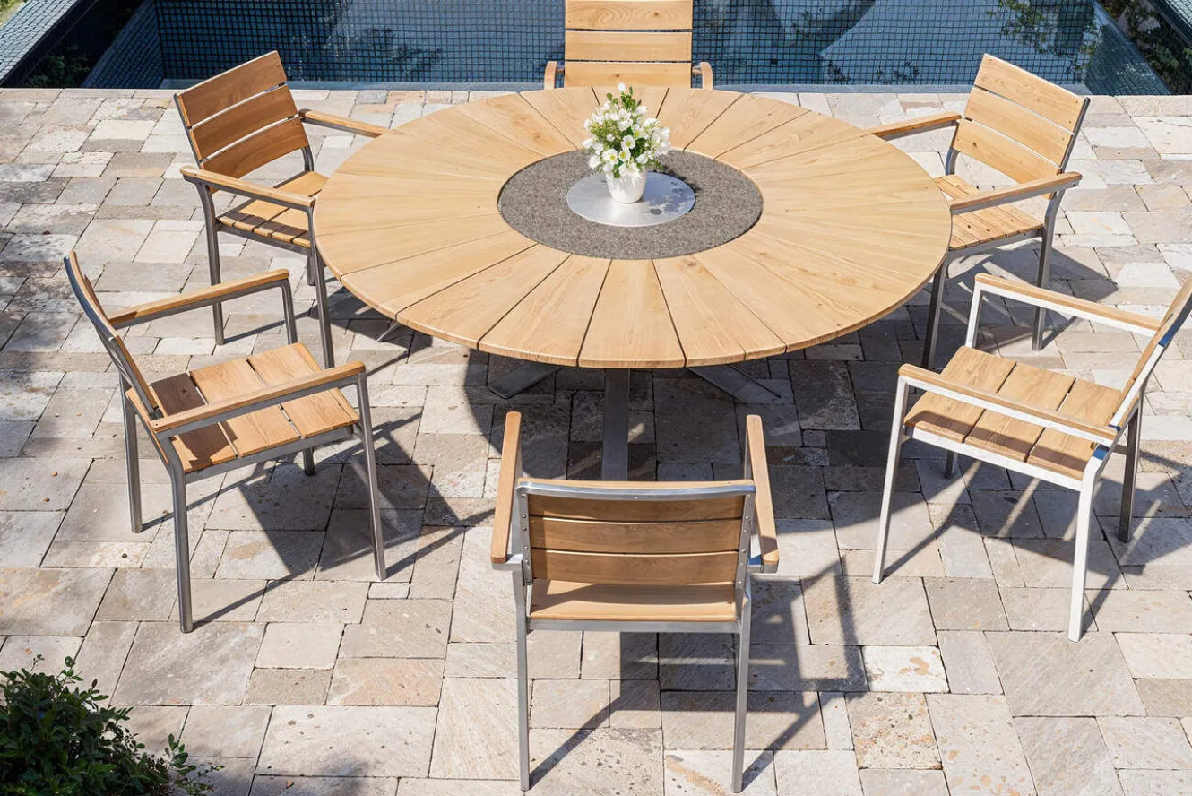 OUTFLEXX Garten-Essgruppe, natur, Edelstahl/Teak, Ø 170 cm, 6 Stapelsessel, inkl. drehbarer Granitplatte + Eiskühler, FSC®-zertifiziertes Produkt