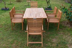 OUTFLEXX Garten-Essgruppe, natur, Akazie, Ausziehtisch 150/200 x 90 cm, 2 Klappstühle, 4 Armlehnensessel, 5-fach verstellbar, FSC®-zertifiziertes Produkt