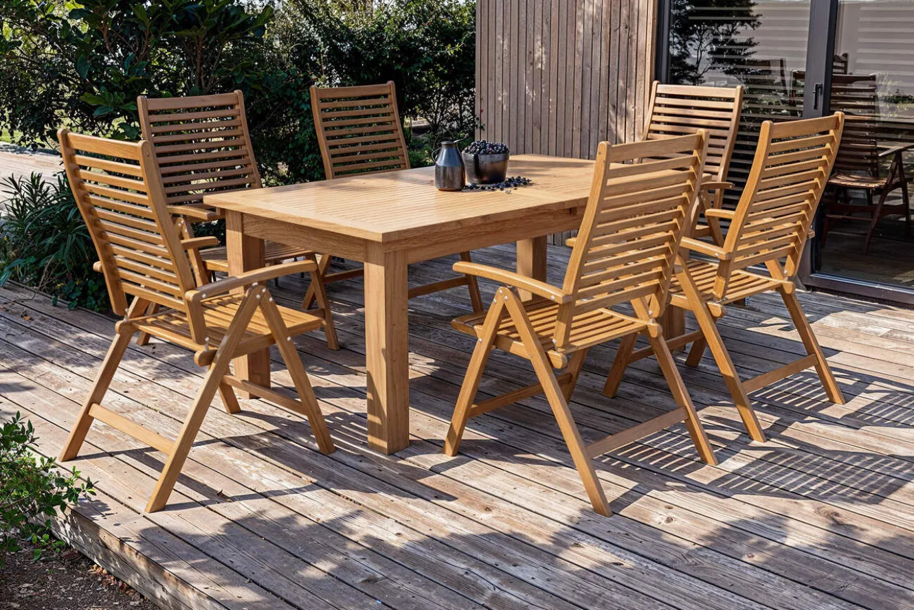 OUTFLEXX Garten-Essgruppe, natur, Akazie, Ausziehtisch 180/220/260 x 100 cm, 6 Klappstühle, FSC®-zertifiziertes Produkt
