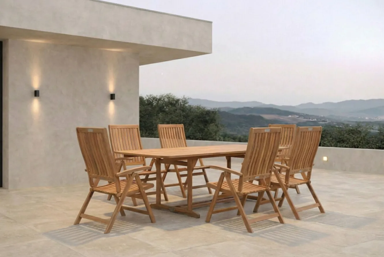 OUTFLEXX Garten-Essgruppe, natur, Akazie, Ausziehtisch 150/200 x 90 cm, 6 Klappstühle, FSC®-zertifiziertes Produkt