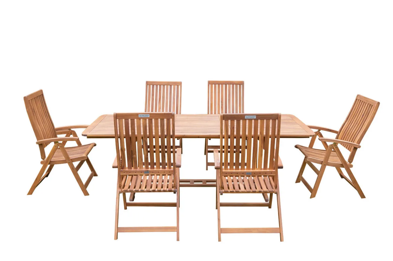 OUTFLEXX Garten-Essgruppe, natur, Akazie, Ausziehtisch 150/200 x 90 cm, 6 Klappstühle, FSC®-zertifiziertes Produkt