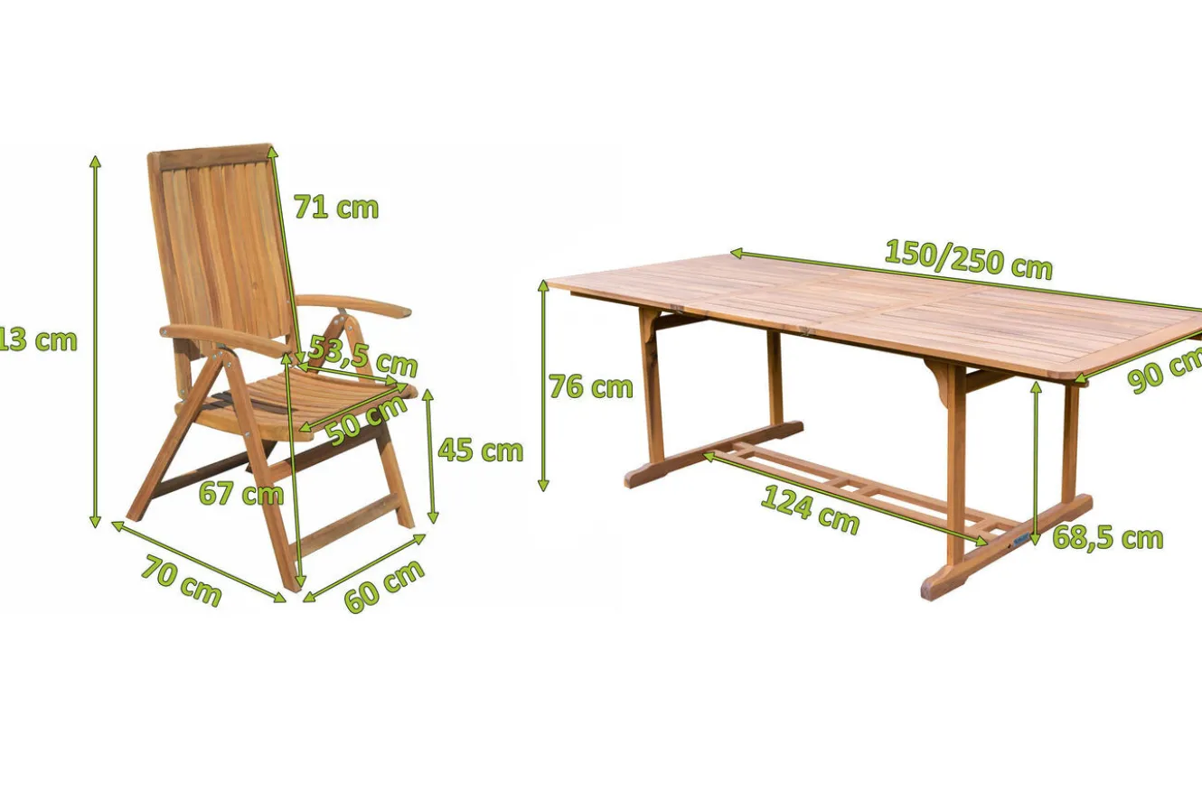 OUTFLEXX Garten-Essgruppe, natur, Akazie, Ausziehtisch 150/200 x 90 cm, 6 Klappstühle, FSC®-zertifiziertes Produkt