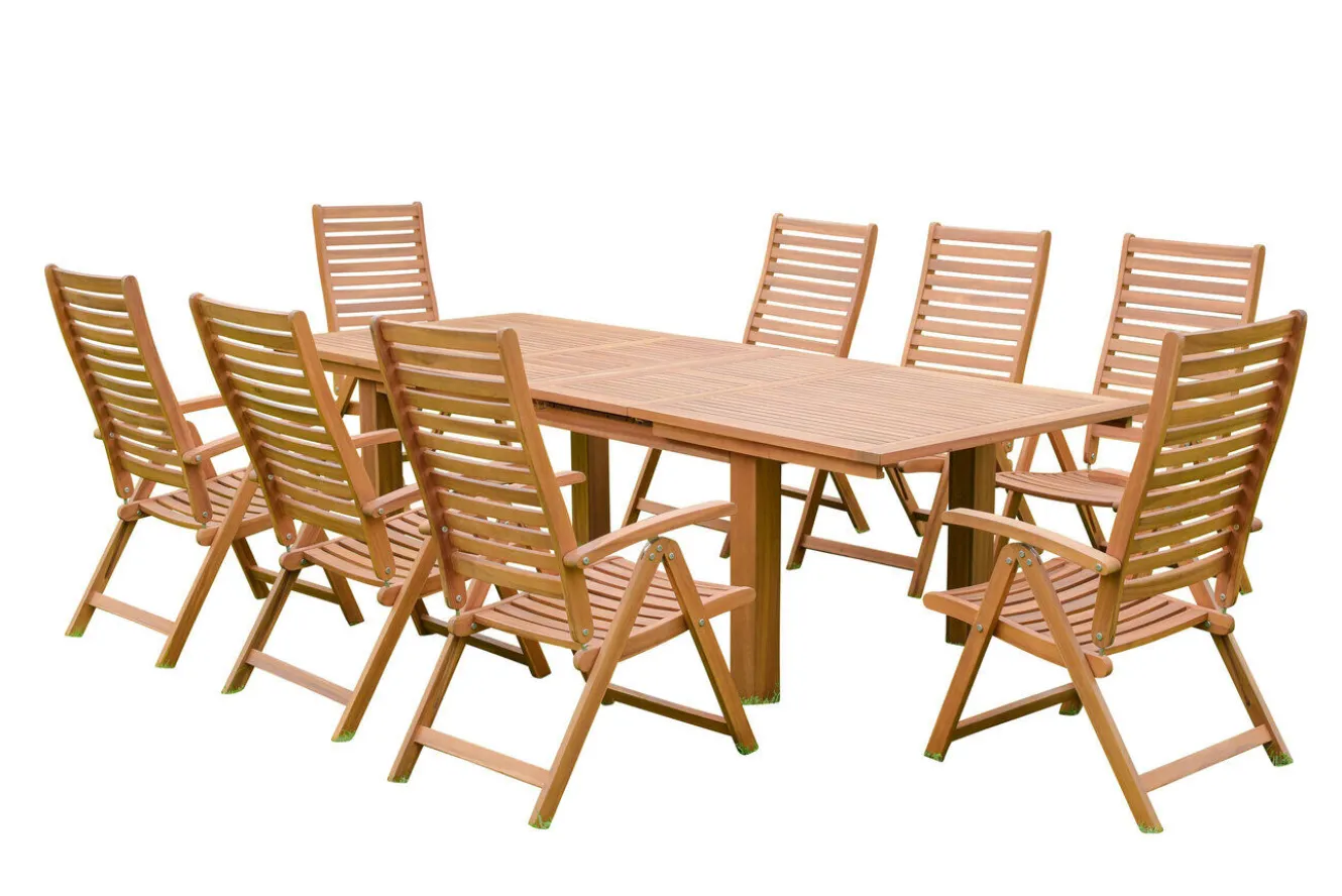 OUTFLEXX Garten-Essgruppe, natur, Akazie, Ausziehtisch 180/220/260 x 100 cm, 8 Klappstühle, FSC®-zertifiziertes Produkt