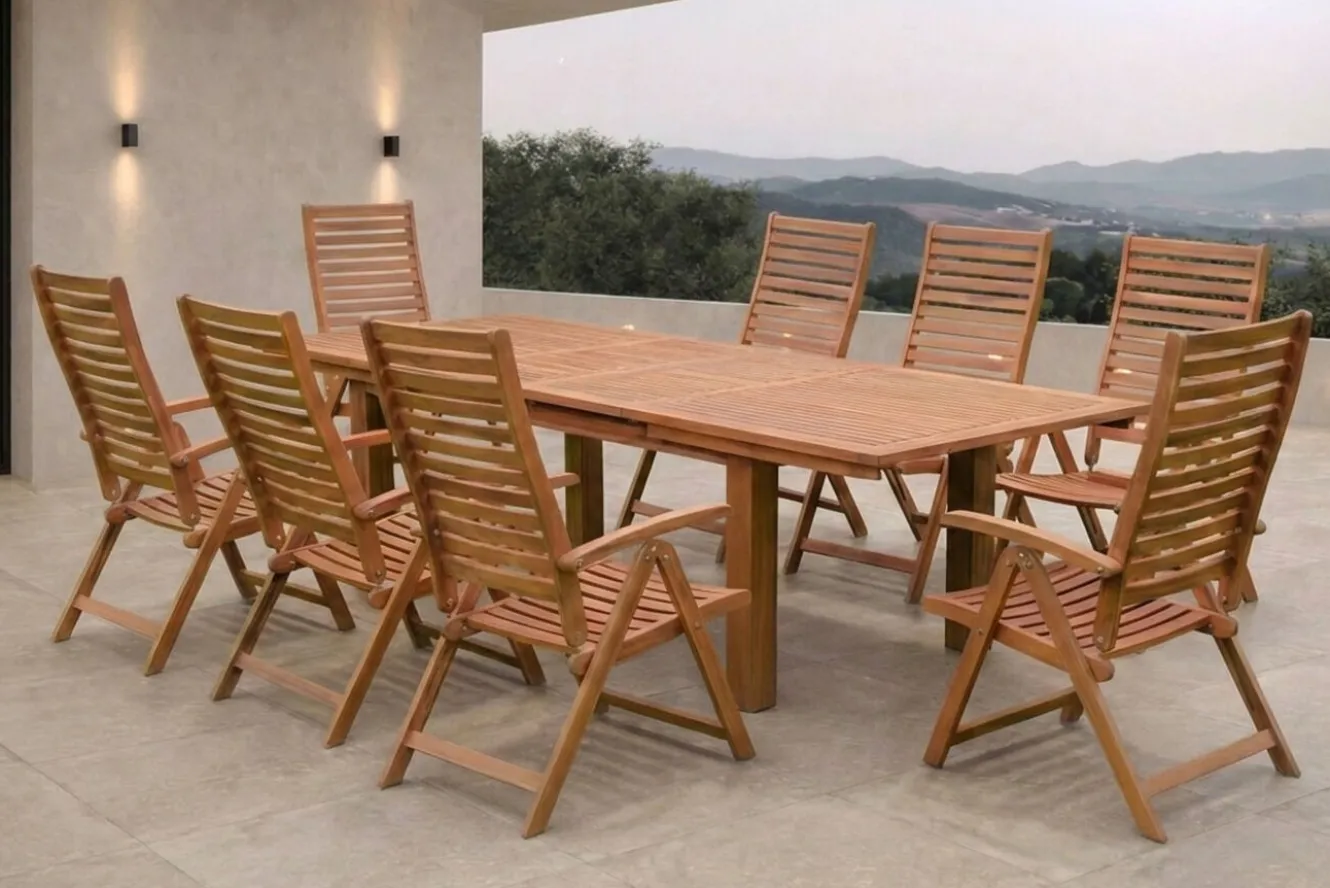 OUTFLEXX Garten-Essgruppe, natur, Akazie, Ausziehtisch 180/220/260 x 100 cm, 8 Klappstühle, FSC®-zertifiziertes Produkt