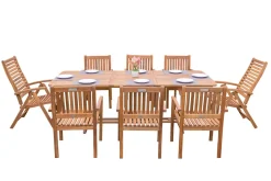 OUTFLEXX Garten-Essgruppe, natur, Akazie, Ausziehtisch 150/200 x 90 cm, 2 Klappstühle, 6 Armlehnensessel, 5-fach verstellbar, FSC®-zertifiziertes Produkt