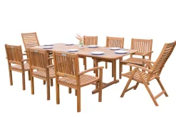 OUTFLEXX Garten-Essgruppe, natur, Akazie, Ausziehtisch 150/200 x 90 cm, 2 Klappstühle, 6 Armlehnensessel, 5-fach verstellbar, FSC®-zertifiziertes Produkt