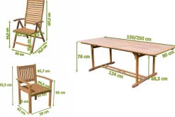 OUTFLEXX Garten-Essgruppe, natur, Akazie, Ausziehtisch 150/200 x 90 cm, 2 Klappstühle, 6 Armlehnensessel, 5-fach verstellbar, FSC®-zertifiziertes Produkt