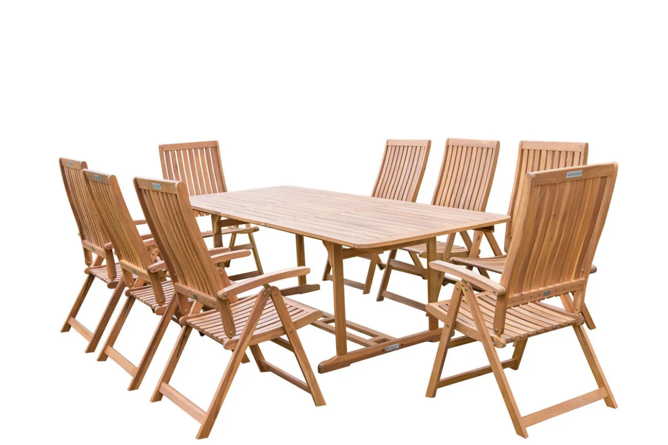 OUTFLEXX Garten-Essgruppe, natur, Akazie, Ausziehtisch 150/200 x 90 cm, 8 Klappstühle, FSC®-zertifiziertes Produkt
