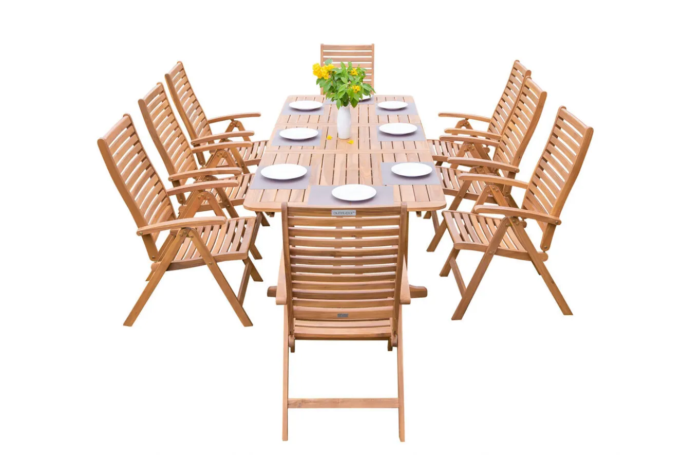 OUTFLEXX Garten-Essgruppe, natur, Akazie, Ausziehtisch 150/200 x 90 cm, 8 Klappstühle, FSC®-zertifiziertes Produkt