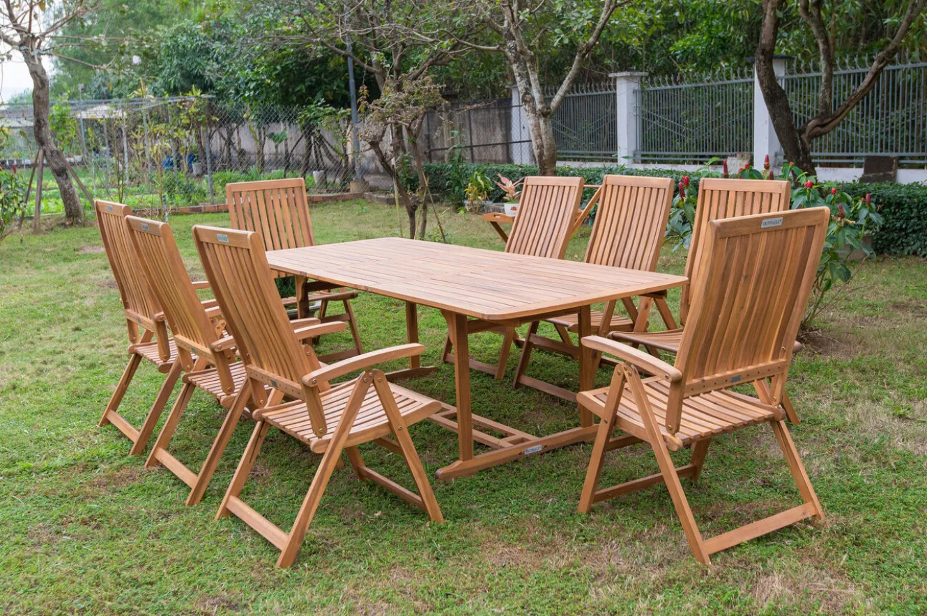 OUTFLEXX Garten-Essgruppe, natur, Akazie, Ausziehtisch 150/200 x 90 cm, 8 Klappstühle, FSC®-zertifiziertes Produkt