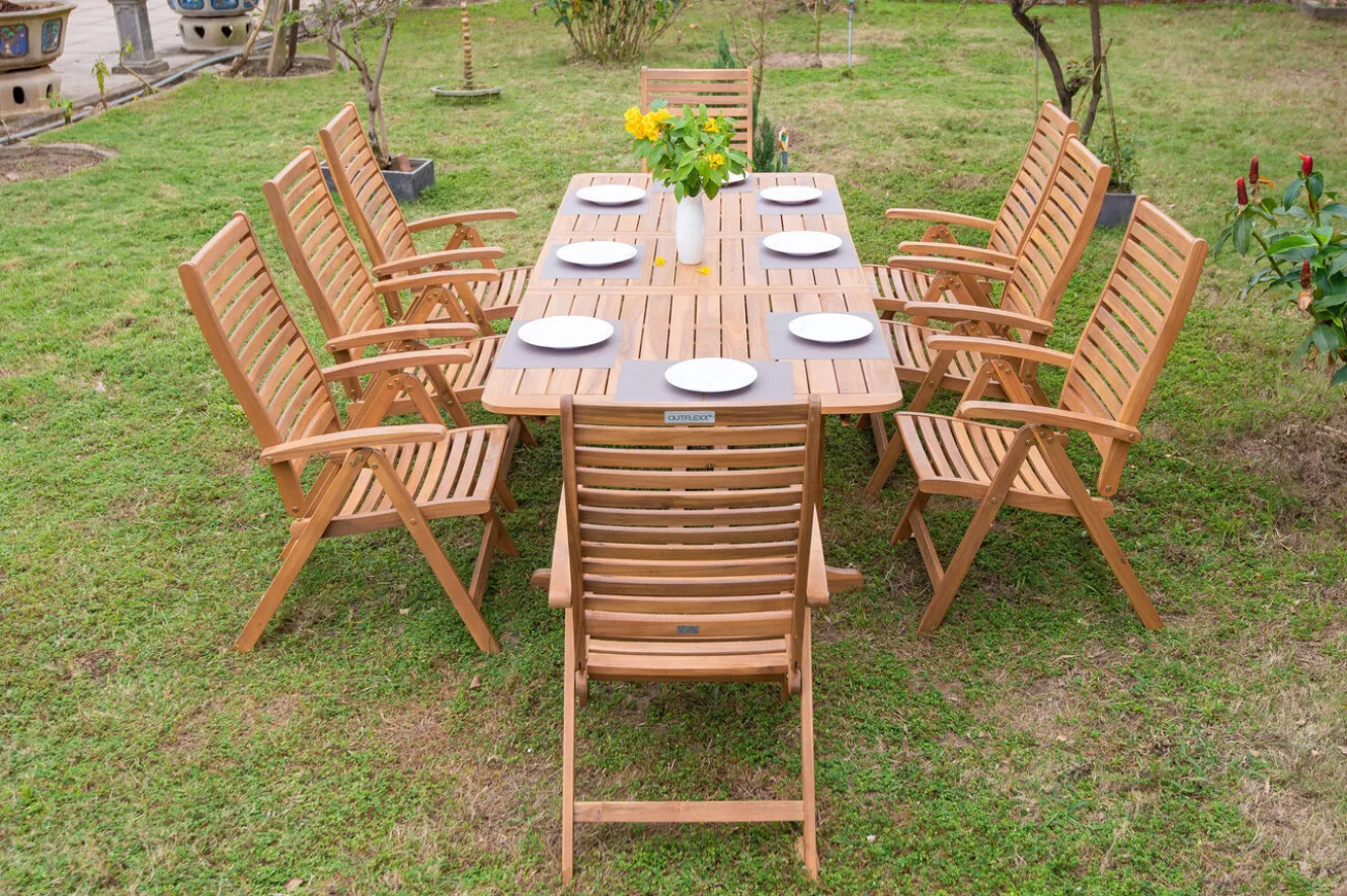OUTFLEXX Garten-Essgruppe, natur, Akazie, Ausziehtisch 150/200 x 90 cm, 8 Klappstühle, FSC®-zertifiziertes Produkt
