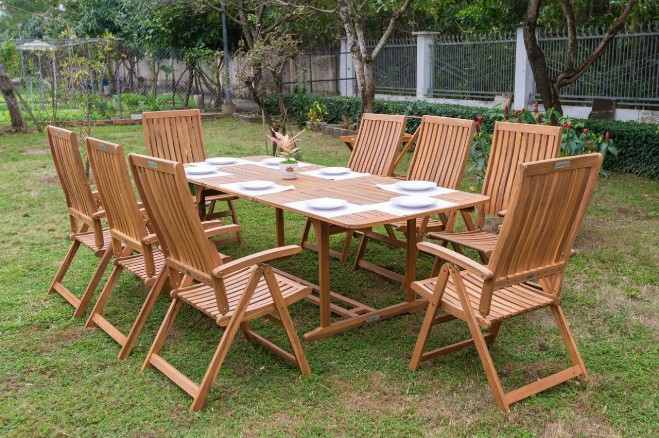 OUTFLEXX Garten-Essgruppe, natur, Akazie, Ausziehtisch 150/200 x 90 cm, 8 Klappstühle, FSC®-zertifiziertes Produkt