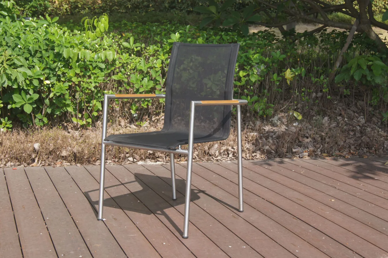 OUTFLEXX Garten-Essgruppe, natur/anthrazit, Edelstahl/Textilene/Teak, Ausziehtisch 150/200x90cm, 8 Diningsessel