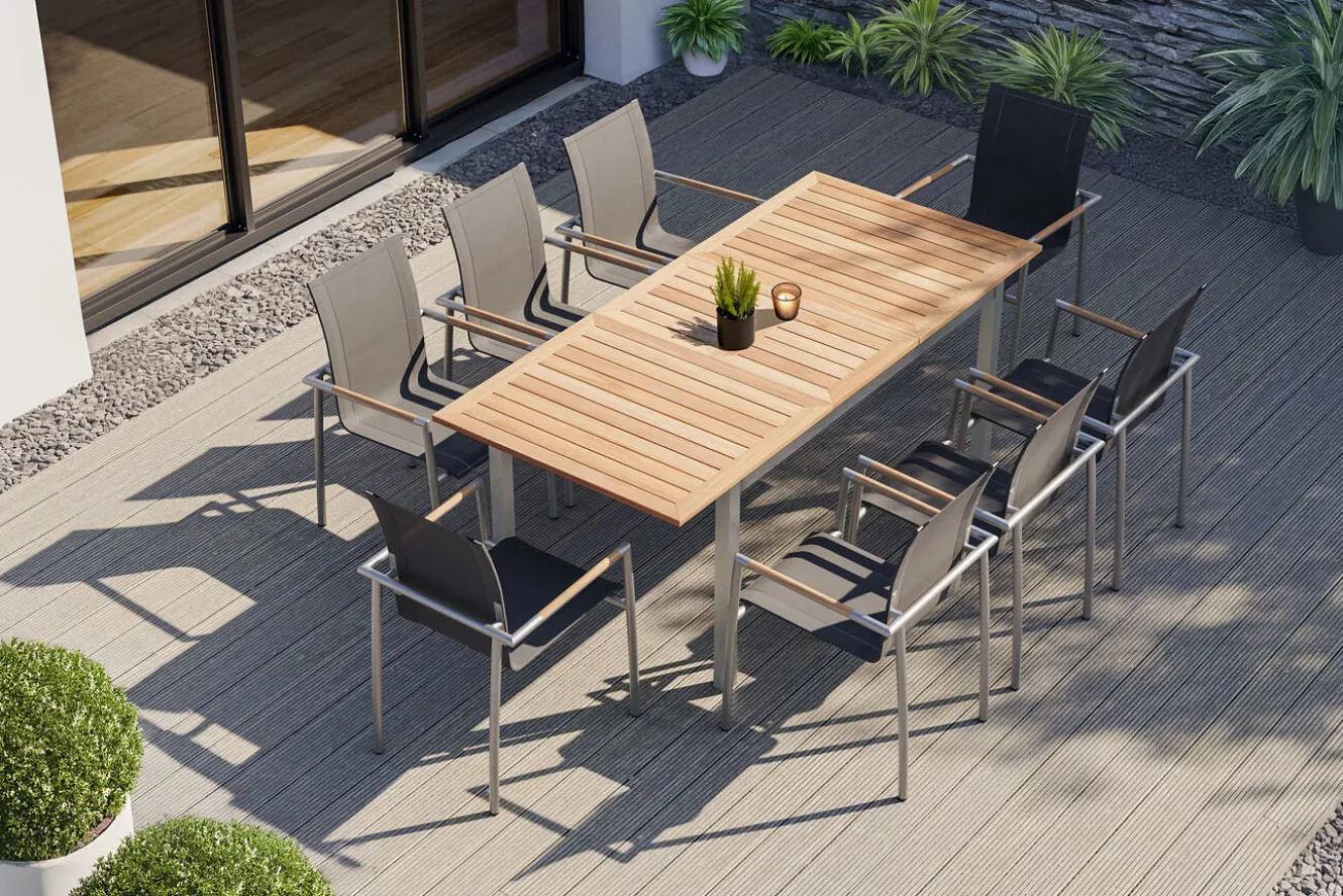 OUTFLEXX Garten-Essgruppe, natur/anthrazit, Edelstahl/Textilene/Teak, Ausziehtisch 150/200x90cm, 8 Diningsessel