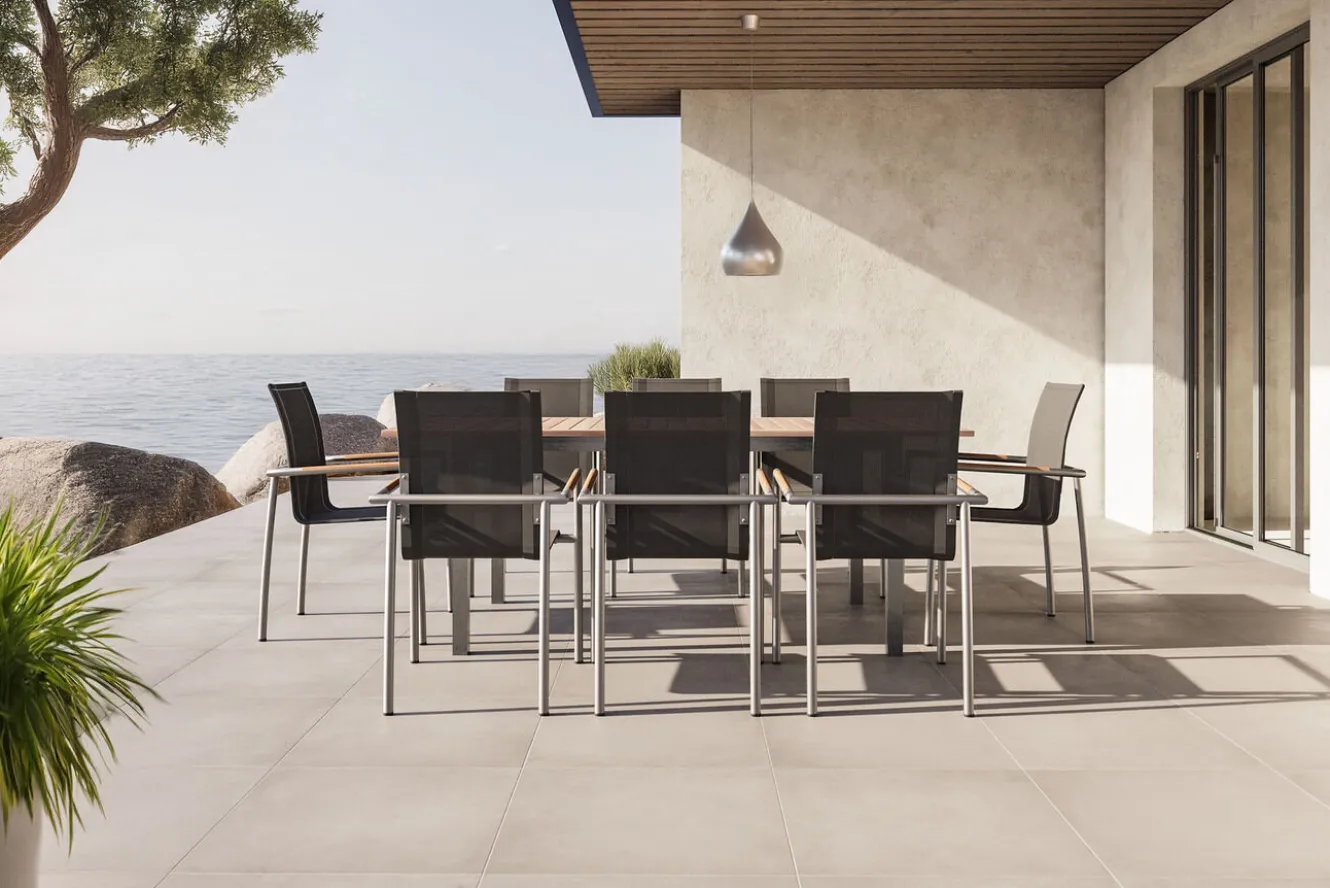 OUTFLEXX Garten-Essgruppe, natur/anthrazit, Edelstahl/Textilene/Teak, Ausziehtisch 150/200x90cm, 8 Diningsessel