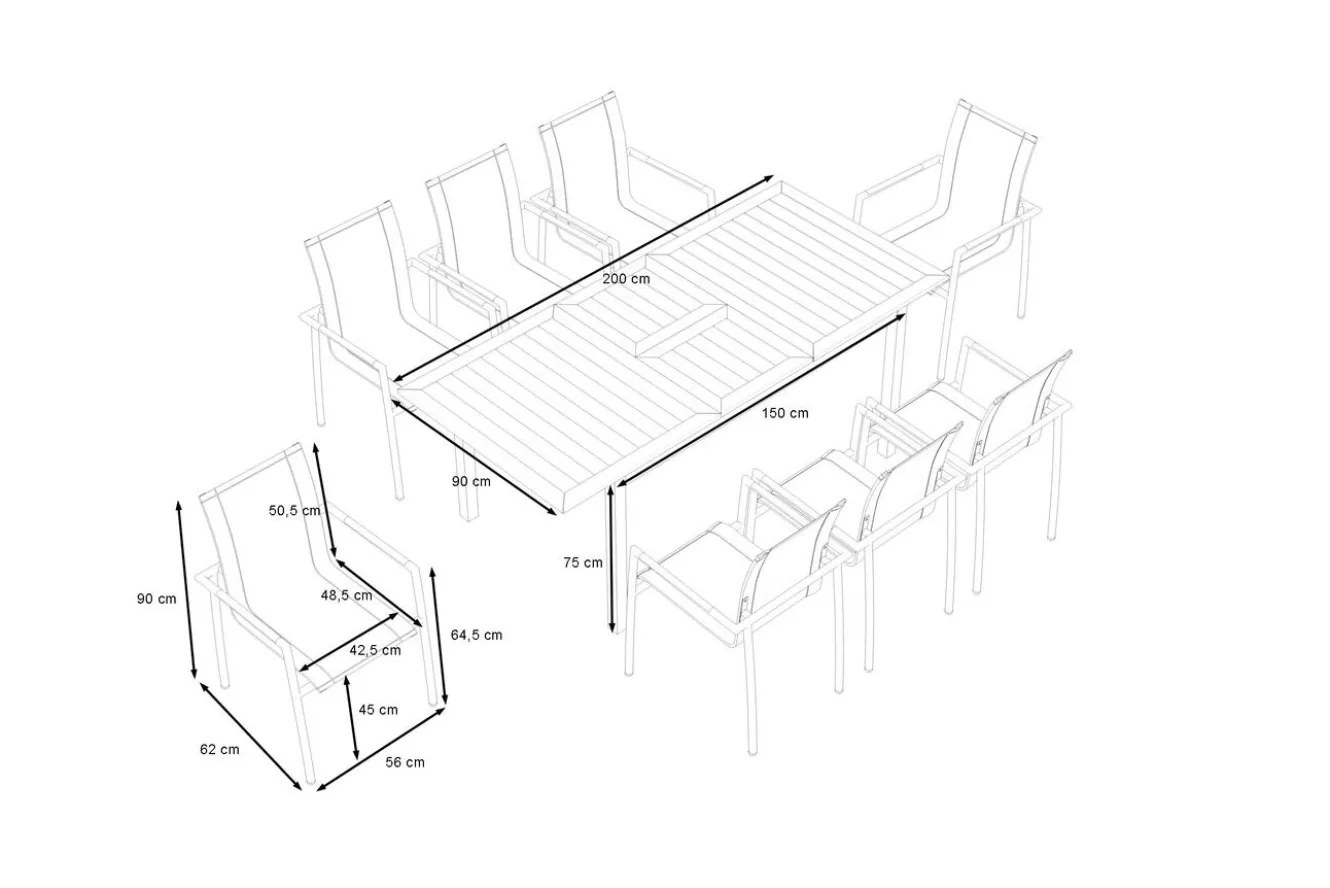 OUTFLEXX Garten-Essgruppe, natur/anthrazit, Edelstahl/Textilene/Teak, Ausziehtisch 150/200x90cm, 8 Diningsessel