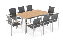 OUTFLEXX Garten-Essgruppe, natur/anthrazit, Edelstahl/Textilene/Teak, Ausziehtisch 150/200x90cm, 8 Diningsessel