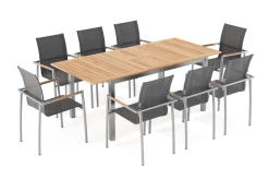 OUTFLEXX Garten-Essgruppe, natur/anthrazit, Edelstahl/Textilene/Teak, Ausziehtisch 150/200x90cm, 8 Diningsessel