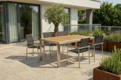 OUTFLEXX Garten-Essgruppe, natur/anthrazit, Edelstahl/Textilene/Teak, Tisch 180x90cm, 6 Diningsessel