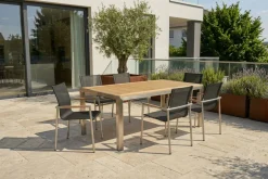 OUTFLEXX Garten-Essgruppe, natur/anthrazit, Edelstahl/Textilene/Teak, Tisch 180x90cm, 6 Diningsessel