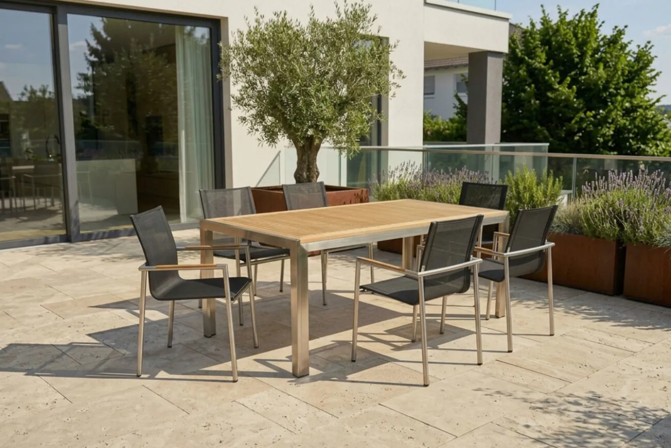 OUTFLEXX Garten-Essgruppe, natur/anthrazit, Edelstahl/Textilene/Teak, Tisch 180x90cm, 6 Diningsessel