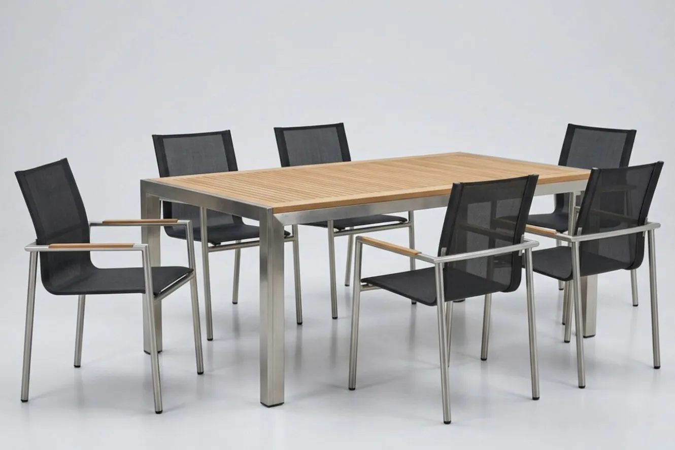 OUTFLEXX Garten-Essgruppe, natur/anthrazit, Edelstahl/Textilene/Teak, Tisch 180x90cm, 6 Diningsessel