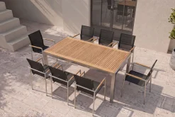 OUTFLEXX Garten-Essgruppe, natur/anthrazit, Edelstahl/Textilene/Teak, Tisch 180x90cm, 8 Diningsessel