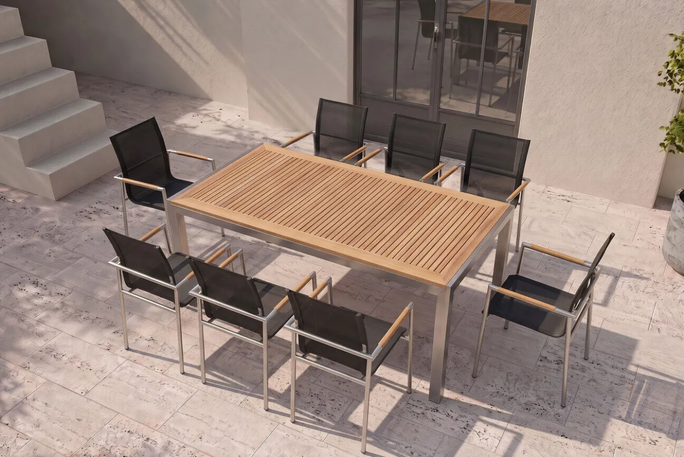 OUTFLEXX Garten-Essgruppe, natur/anthrazit, Edelstahl/Textilene/Teak, Tisch 180x90cm, 8 Diningsessel