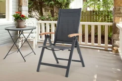 OUTFLEXX Garten-Essgruppe, OUTFLEXX® anthrazit matt, Alu / Teak / Textil, Tisch 150/210 x 90 cm, 4 Stapelsessel, 2 Klappstühle