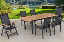 OUTFLEXX Garten-Essgruppe, OUTFLEXX® anthrazit matt, Alu / Teak / Textil, Tisch 150/210 x 90 cm, 4 Stapelsessel, 2 Klappstühle