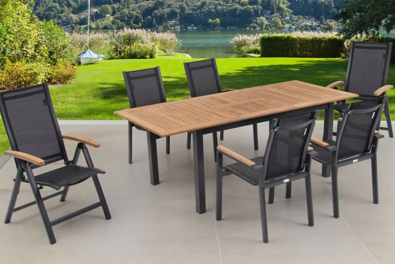 OUTFLEXX Garten-Essgruppe, OUTFLEXX® anthrazit matt, Alu / Teak / Textil, Tisch 150/210 x 90 cm, 4 Stapelsessel, 2 Klappstühle